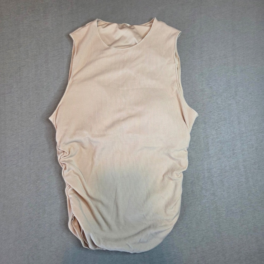 Alo Yoga Ribbed Side Ruched Sleeveless Tank Top Beige Medium